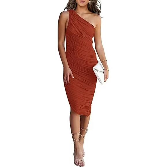 [PrettyGarden] Rust Red Ruched One Shoulder Mesh Bodycon Dress NWT Size Large L - Picture 1 of 12